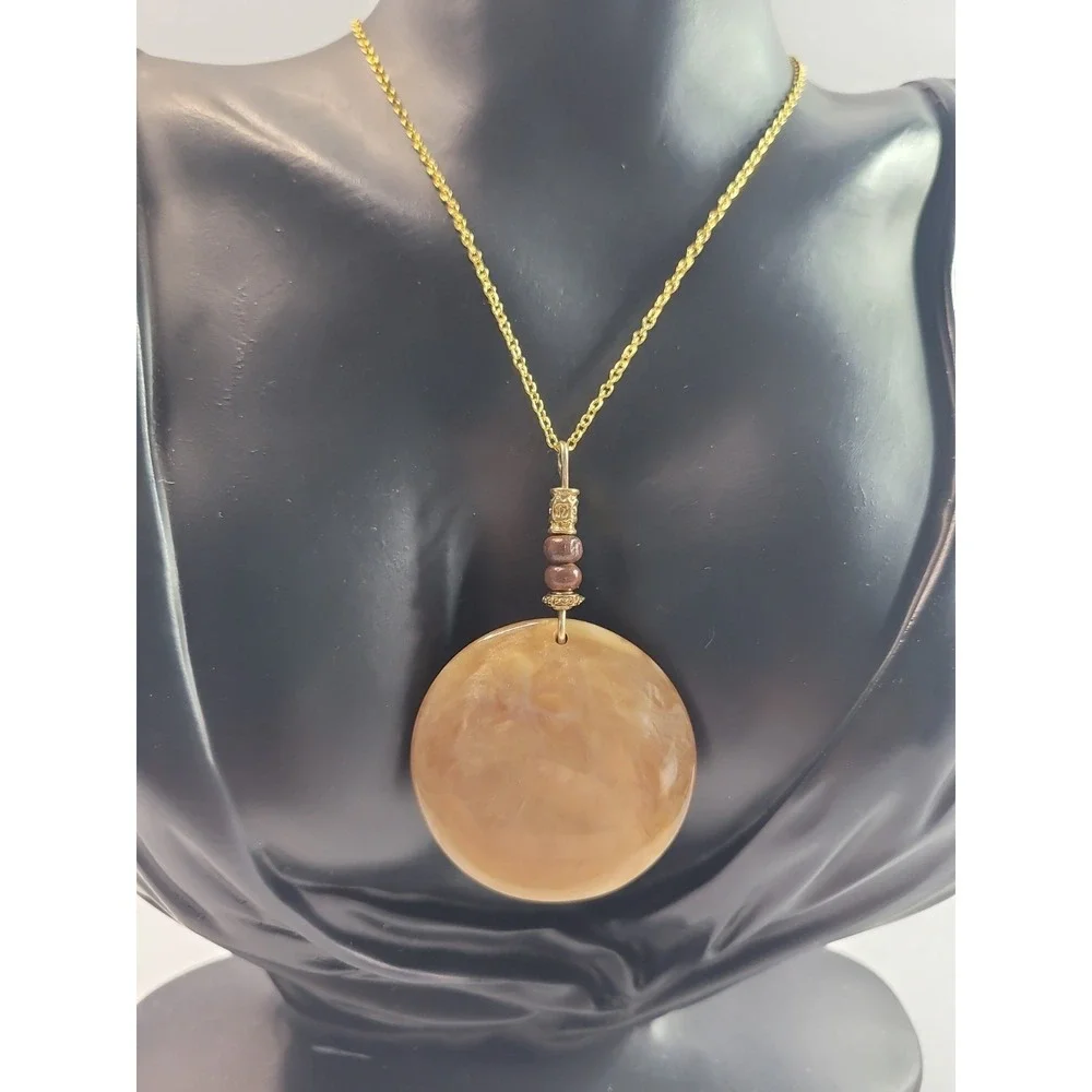 Gold Tone Tan Brown Round Disc Pendant Necklace Marbled Statement Boho Jewelry